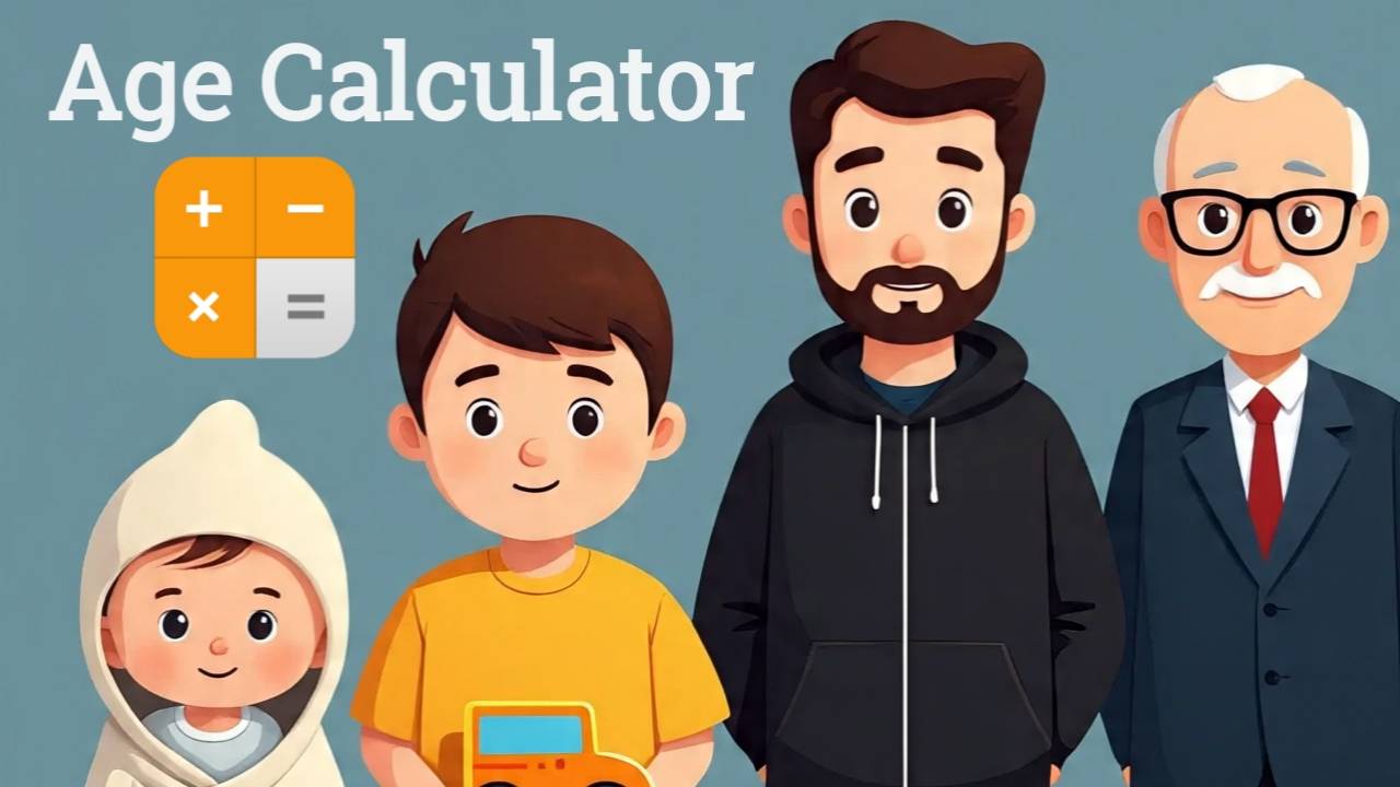 Illustration showing different life stages with a baby, child, adult man, and elderly man next to a calculator icon and the text 'Age Calculator'. Used for an online age calculator tool to find age from date of birth.