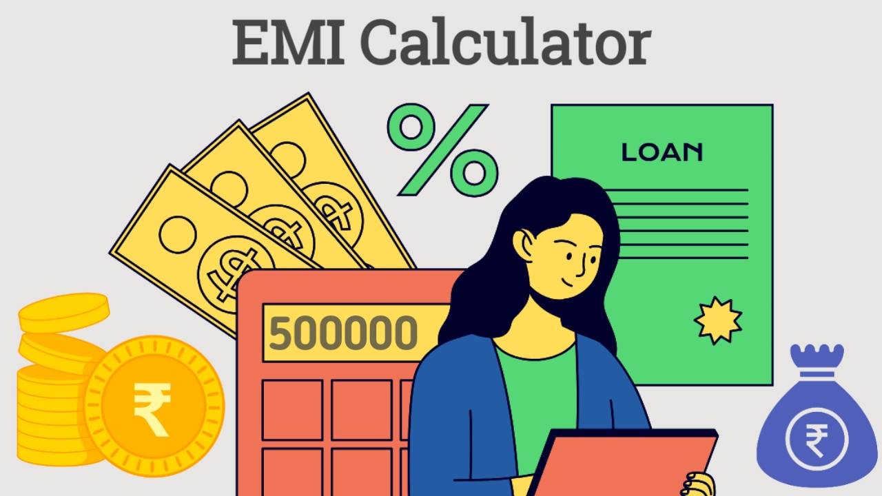 Illustration of a woman using a laptop with symbols of currency, loan documents, calculator, percentage, and rupee coins, representing an EMI Calculator for calculating monthly loan repayments.