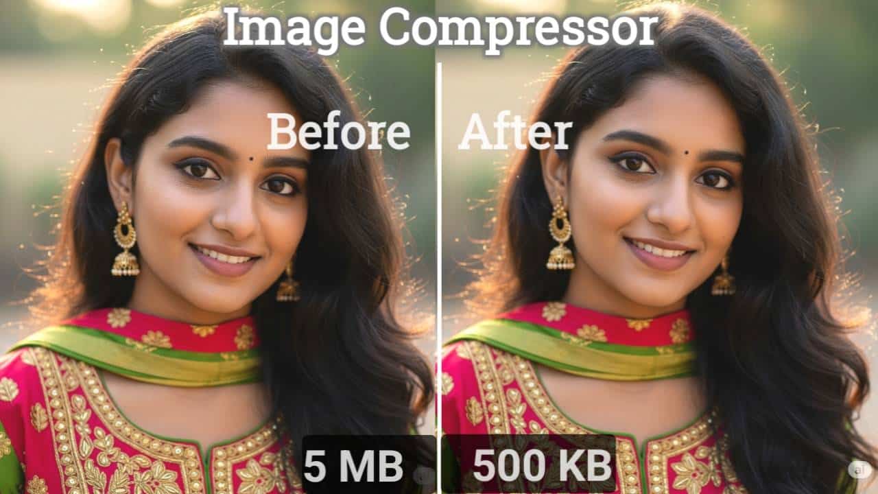 Side-by-side comparison of a woman's photo showing before (5 MB) and after (500 KB) image compression using Image Compressor.