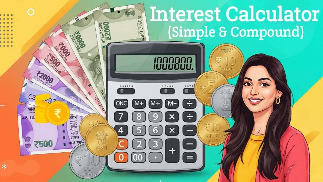 Illustration of an Interest Calculator with Indian currency, coins, and a smiling woman, representing simple and compound interest calculation.