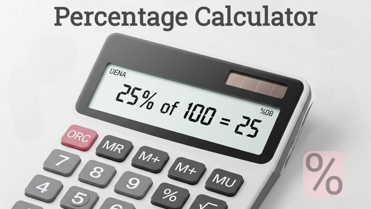 Digital calculator displaying "25% of 100 = 25", representing a Percentage Calculator used for various percentage calculations like increase/decrease, marks, discount, and profit or loss.