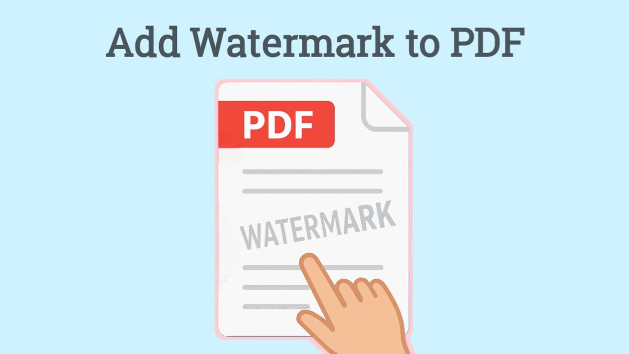 Add Watermark to PDF illustration showing a PDF file icon with watermark text and hand pointer.