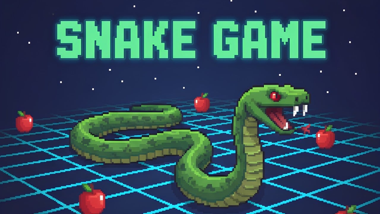 Snake Game with green snake, apples, and glowing title on grid background, showing the classic game with modern online features.