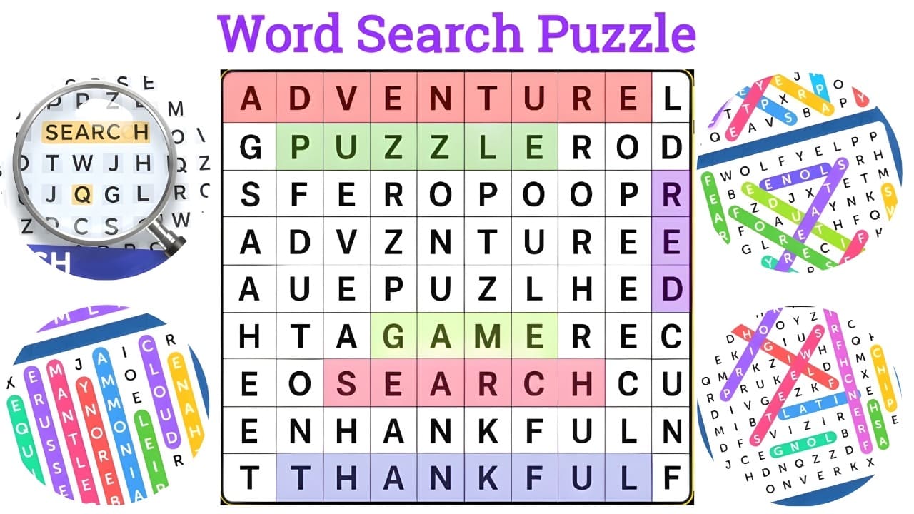 Word Search Puzzle online game with highlighted words Adventure, Puzzle, Game, Search, and Thankful on a colorful grid.
