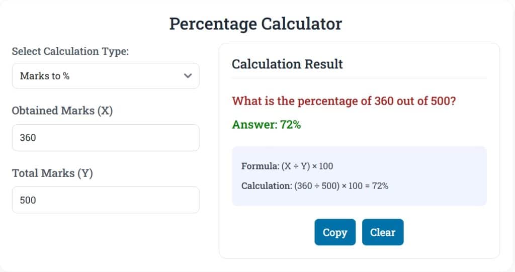 Exam marks percentage calculation