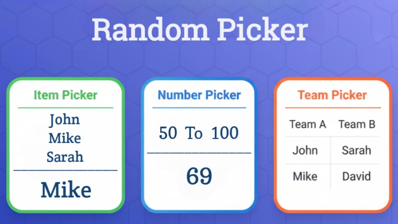 Random Picker tool showing item picker, number picker, and team picker options for names, numbers, and teams.