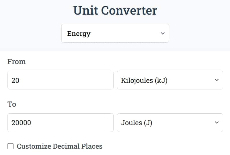 Unit Converter Energy Conversion Kilojoules to Joules Example